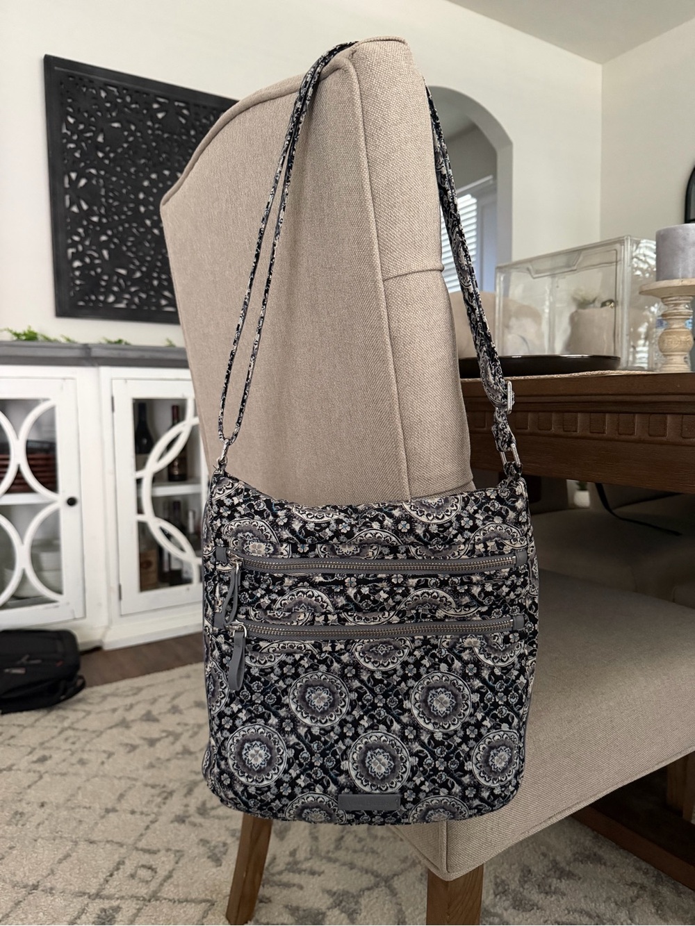 Quilted Crossbody Shoulder Bag in Black & Cream Medallion Print